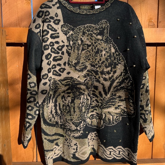 Maurada Vintage 1980s Tiger and Leopard Oversized Sweater Novelty Print Big Cats - Picture 4 of 11